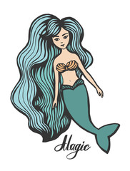 Mermaid with long hair. Hand-Drawn summer Doodle. Vector Illustration cartoon character. Young girl. vector illustration for t shirt printing and embroidery.