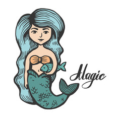 Mermaid with long hair. Hand-Drawn summer Doodle. Vector Illustration cartoon character. Young girl. vector illustration for t shirt printing and embroidery.