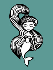 Mermaid with long hair. Hand-Drawn summer Doodle. Vector Illustration cartoon character. Young girl. vector illustration for t shirt printing and embroidery.