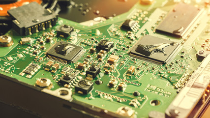 Circuit Board, Electronic Semiconductor Parts Covered in Water Droplets