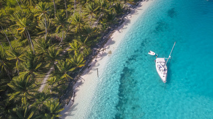 A white sailing yacht anchoring in crystal clear turquoise water right next to a paradisiacal island in San Blas, Panama.