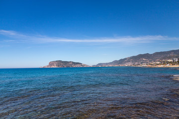 Fototapeta na wymiar Seascape with a coastal town.