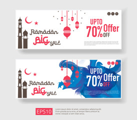 Ramadan Kareem sale offer banner design. Horizontal promotion poster, voucher, discount, label, greeting card of Eid Mubarak celebration. blue watercolor background vector illustration