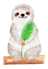 Sloth is sitting on a tree. Watercolor illustration.
The sloth sits on a tree branch and holds a leaf of a palm tree in his hands. Illustration for yoga.