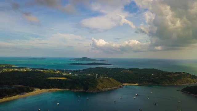 cloudy day phuket island famous beach yacht parking aerial panorama 4k timelapse thailand
