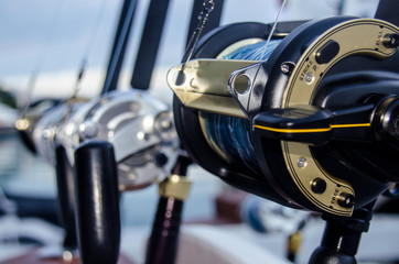 Collection of fishing rods in a boat at the Caribbean