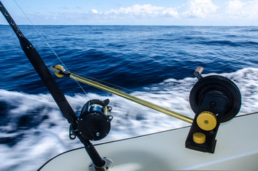 Fishing rod close up in a boat at the Caribbean