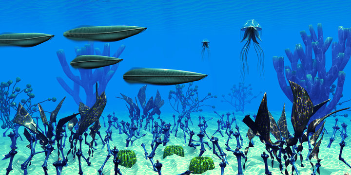 Cambrian Seas - Four Pikaia predatory arthropods search for prey in the clear waters of a Cambrian Seas of Canada.