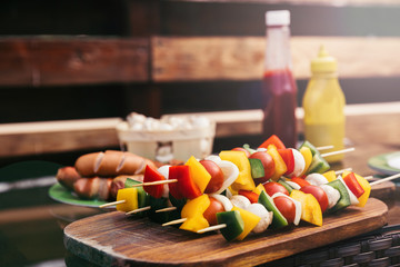Closeup view of vegetables with mushrooms for outdoors barbecue