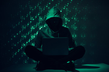 toned picture of silhouette of hacker in hoodie using laptop - obrazy, fototapety, plakaty