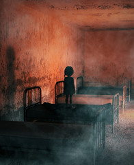 Girl standing on a bed in abandoned hospital,3d illustration