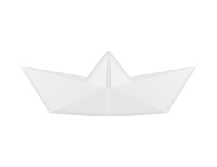 Realistic white origami boat. Folded paper ship. Isolated vector.