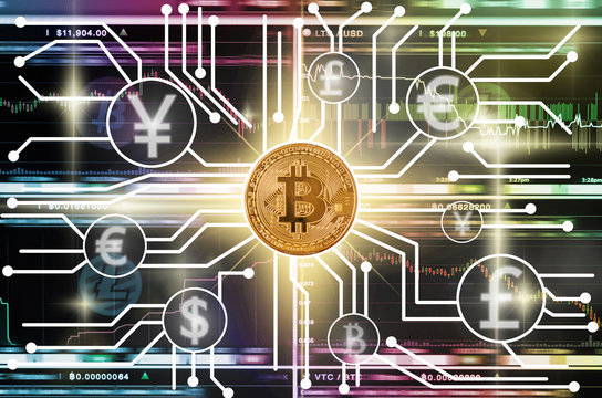 Bitcoins mockup over the Abstract photo of FINTECH connection on the Cryptocurrency trading and Bitcoin exchange screen of trading information background,Fintech and Block chain technology concept