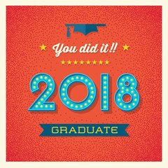 2018 graduation card or banner design with vintage light bulb sign numbers. Vector illustration.