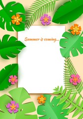 Jungle leaf in art paper style with white sheet with place for promotoin text. Spa salon card template. Exotic tropical jungle rainforest bright green palm monstera leaves and flowers border frame