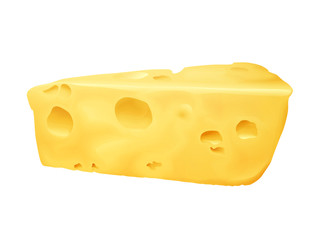 Cheese 3D vector illustration. Emmental or Cheddar and Edam cheese triangle lump with holes isolated on white background for dairy food or product package design template