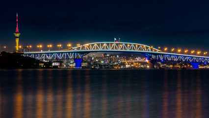 Auckland ,city of sails, at night ,Harbour bridge, and city, lights