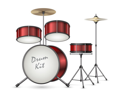 Drum kit realistic vector illustration isolated on background. Professional percussion musical instruments for playing rock, jazz, instrumental and electronic music
