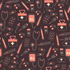 Medical Seamless Pattern. Hospital Elements - Thermometer, Stethoscope, Tablets and Syringe. 
