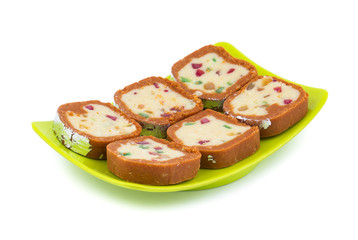 Indian Sweet Colourful Mawa Peda Also know as pedha or peday Indian Popular Sweet Food Made up of Mawa, Milk and Sugar isolated on white background