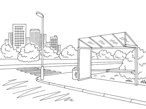 Bus stop graphic black white city street landscape sketch illustration vector