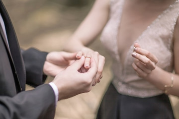 symbol of the beginning of family life: the couple exchange wedding rings