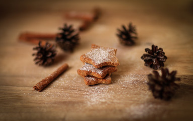 Christmas table. blurred image homemade cookies on wooden backg