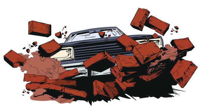 Car breaking wall. Stock illustration.