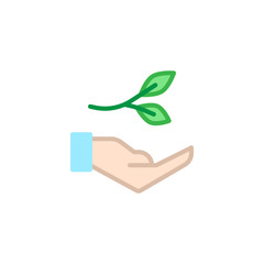 Hand hold leaves flat icon, vector sign, colorful pictogram isolated on white. Herbal medicine symbol, logo illustration. Flat style design