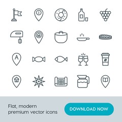 Modern Simple Set of food, location, drinks Vector outline Icons. Contains such Icons as  star,  road,  toast,  white, sugar,  waving, map and more on white background. Fully Editable. Pixel Perfect.