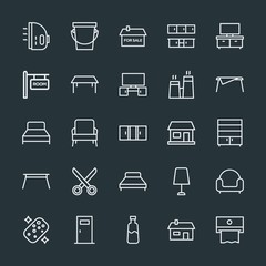 Modern Simple Set of buildings, furniture, housekeeping Vector outline Icons. Contains such Icons as sponge, entrance,  architecture,  tv and more on dark background. Fully Editable. Pixel Perfect.