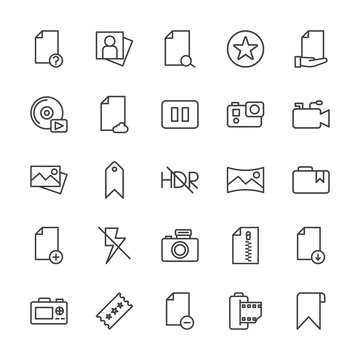 Modern Simple Set of video, photos, bookmarks, files Vector outline Icons. Contains such Icons as bookmark,  retro,  remove,  computer and more on white background. Fully Editable. Pixel Perfect.