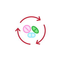 Obraz premium Medicine pills with recycling arrows flat icon, vector sign, colorful pictogram isolated on white. Medication cycle symbol, logo illustration. Flat style design