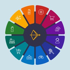 hotel, sports, shopping, travel Infographic Circle outline Icons Set. Contains such Icons as  hotel,  sport,  pool,  bottle,  plane,  ball,  sign,  cycle,  fun and more. Fully Editable. Pixel Perfect