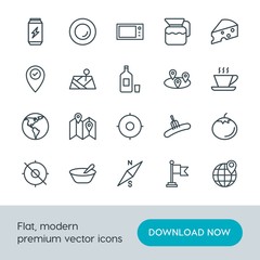 Modern Simple Set of food, location, drinks Vector outline Icons. Contains such Icons as  drink,  waving,  target, compass, location,  food and more on white background. Fully Editable. Pixel Perfect.