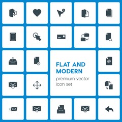 Modern Simple Set of folder, cursors, files, email Vector fill Icons. Contains such Icons as  white,  sign,  paper,  document,  message, send and more on dark background. Fully Editable. Pixel Perfect