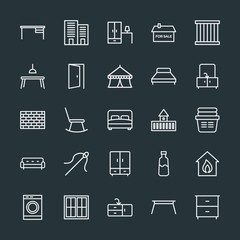 Fototapeta na wymiar Modern Simple Set of buildings, furniture, housekeeping Vector outline Icons. Contains such Icons as window, city, room, modern, desk and more on dark background. Fully Editable. Pixel Perfect.