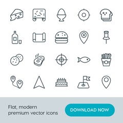 Modern Simple Set of food, location, drinks Vector outline Icons. Contains such Icons as location,  celebration,  pin, beef,  egg,  sweet and more on white background. Fully Editable. Pixel Perfect.