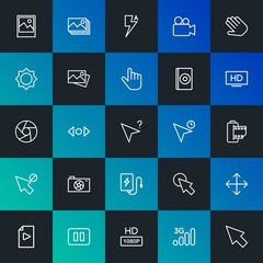 Modern Simple Set of mobile, video, photos, cursors Vector outline Icons. Contains such Icons as  wireless,  communication,  3g and more on dark and gradient background. Fully Editable. Pixel Perfect.