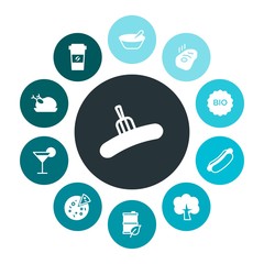 food, nature, drinks Infographic Colorful fill Icons Set. Contains such Icons as  party,  barrel,  eco,  healthy,  barbecue,  cheese,  gourmet, breakfast,  pork and more. Fully Editable. Pixel Perfect