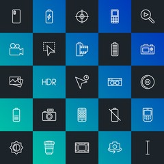 Modern Simple Set of mobile, video, photos, cursors Vector outline Icons. Contains such Icons as  camera,  screen,  internet and more on dark and gradient background. Fully Editable. Pixel Perfect.