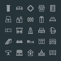 Modern Simple Set of buildings, furniture, housekeeping Vector outline Icons. Contains such Icons as  hygiene,  bed,  religion, office,  sew and more on dark background. Fully Editable. Pixel Perfect.