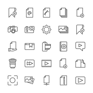 Modern Simple Set of video, photos, bookmarks, files Vector outline Icons. Contains such Icons as image,  concept,  cameraman,  folder, add and more on white background. Fully Editable. Pixel Perfect.