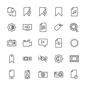 Modern Simple Set of video, photos, bookmarks, files Vector outline Icons. Contains such Icons as  tv,  concept, selfie,  internet,  paper and more on white background. Fully Editable. Pixel Perfect.