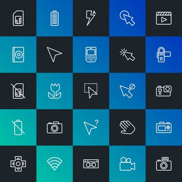Modern Simple Set of mobile, video, photos, cursors Vector outline Icons. Contains such Icons as  television,  web,  cinema and more on dark and gradient background. Fully Editable. Pixel Perfect.