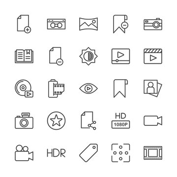 Modern Simple Set of video, photos, bookmarks, files Vector outline Icons. Contains such Icons as  file,  quality,  light,  lens,  sale, hd and more on white background. Fully Editable. Pixel Perfect.