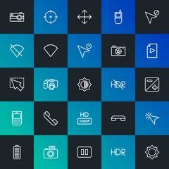 Modern Simple Set of mobile, video, photos, cursors Vector outline Icons. Contains such Icons as  battery, energy,  play,  dslr and more on dark and gradient background. Fully Editable. Pixel Perfect.