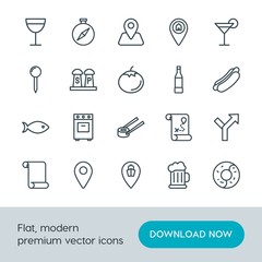 Modern Simple Set of food, location, drinks Vector outline Icons. Contains such Icons as summer,  way,  wineglass,  point,  map,  position and more on white background. Fully Editable. Pixel Perfect.