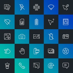 Modern Simple Set of mobile, video, photos, cursors Vector outline Icons. Contains such Icons as  digital, lens,  technology and more on dark and gradient background. Fully Editable. Pixel Perfect.