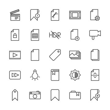 Modern Simple Set of video, photos, bookmarks, files Vector outline Icons. Contains such Icons as sheet,  bookmark,  space, dark, bookmark and more on white background. Fully Editable. Pixel Perfect.